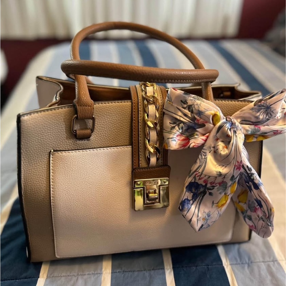 Elegant Tan and Brown Handbag with Floral Scarf